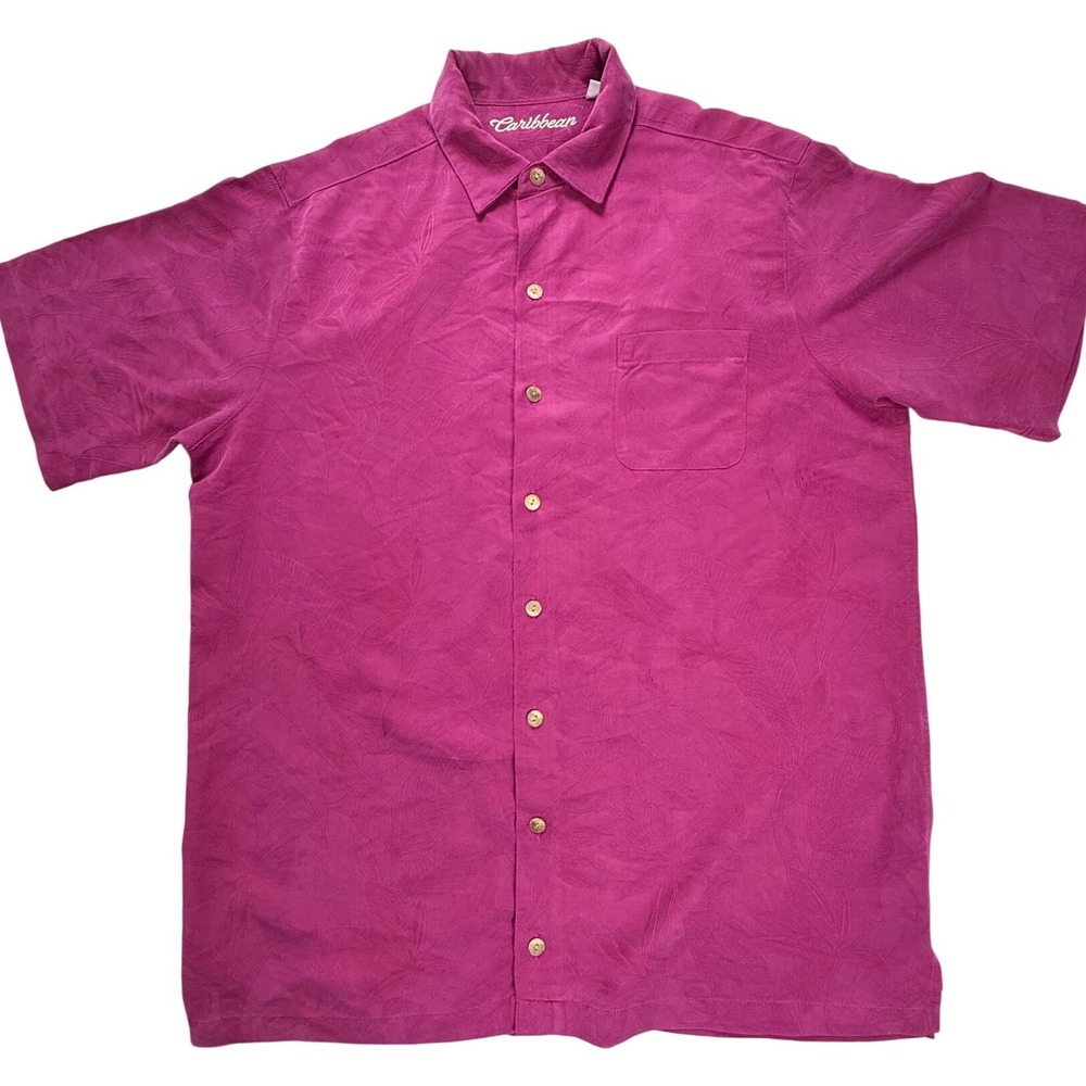 Caribbean Mens XLT Magenta Pink Tropical Palm Jacquard Short Sleeve Camp Shirt